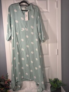 AND Mint Green and White Polka Dot Asymmetrical Hem Dress